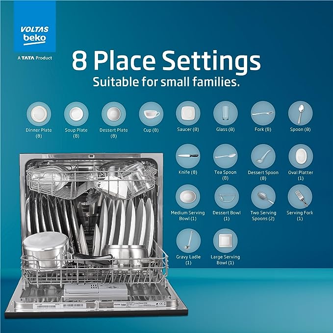 Voltas Beko DT8B Free Standing 8 Place Settings Dishwasher (DT8B, Black, Inbuilt Heater) (OPEN BOX) Voltas Beko DT8B Free Standing 8 Place Settings Dishwasher (DT8B, Black, Inbuilt Heater) (OPEN BOX)